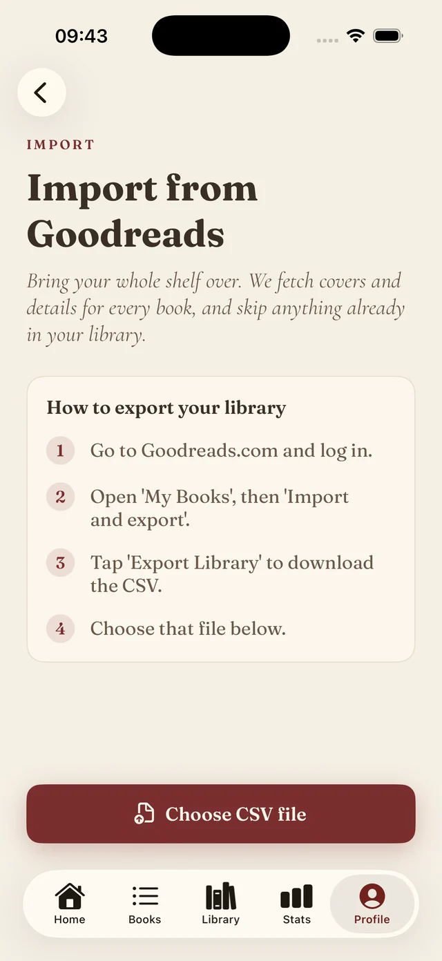 The Goodreads import screen, explaining how to export the CSV before choosing the file