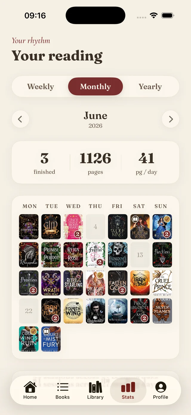 SlowRead's monthly stats: a calendar where every day carries the cover of what was read that day