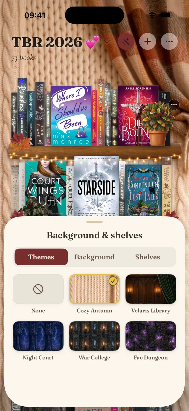 The theme picker open over a shelf, offering Cozy Autumn, Velaris Library, Night Court, War College and Fae Dungeon